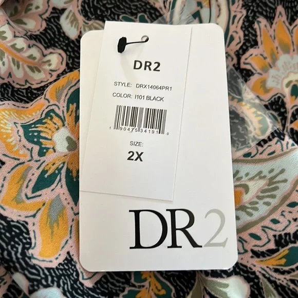 DR2 BY DANIEL RAINN Pleated Tassel Neck Blouse Black 101 Print Roll Sleeve 2x - Picture 4 of 8